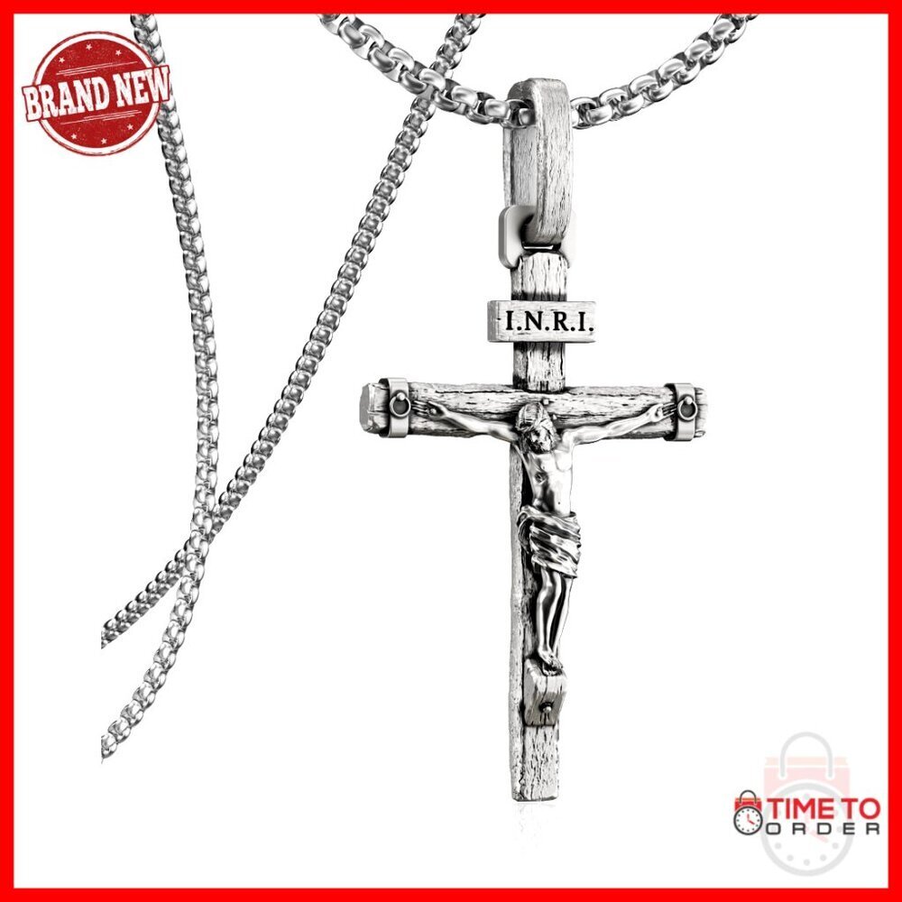 Men's Brass Crucifix Necklace with Jesus Pendant, 24 Inch Chain